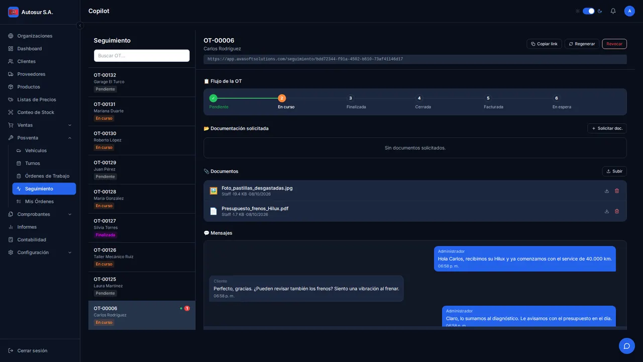 Seguimiento de una orden con chat y archivos compartidos con el cliente
